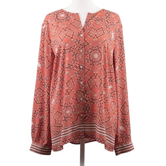 Talbots Women's Southwestern Aztec Print Top LARGE Lightweight Coral Geometric - Picture 1 of 6